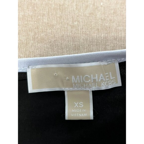 EUC Michael Kors Black Knee Length Dress with Bell Sleeves White piping accent - Picture 4 of 8